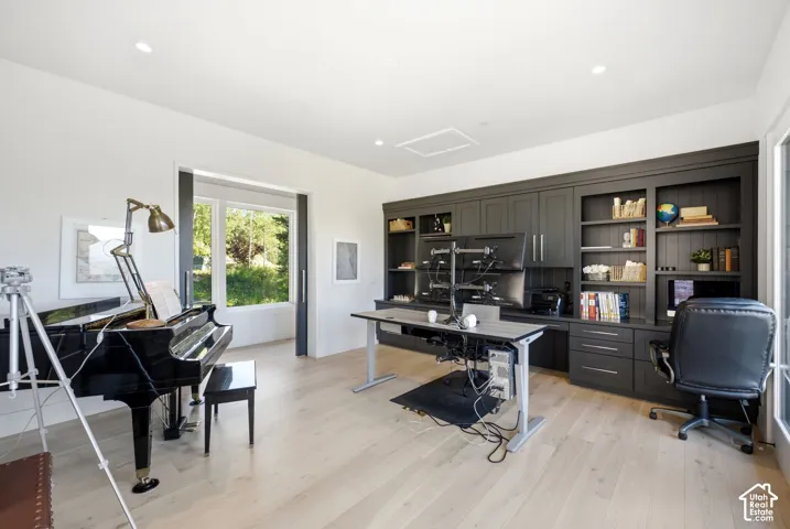 Recessed lighting, light wood-finish flooring, built-in cabinetry with integrated shelving, and large windows