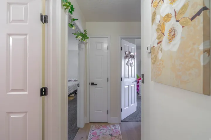 Welcoming hallway featuring multiple white six-panel doors, wood-finish flooring, soft neutral wall tones, and decorative wall art