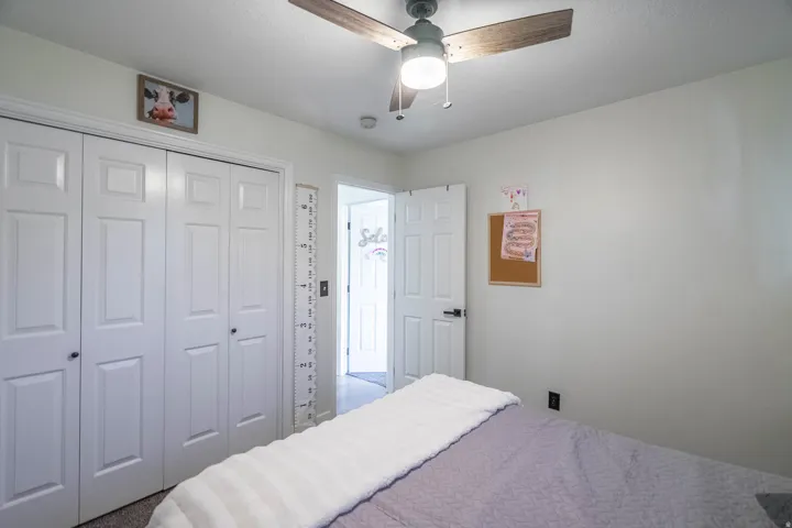 Master bedroom featuring dual closets with six-panel doors, ceiling fan with integrated lighting, neutral wall finishes, and wood-finish flooring throughout