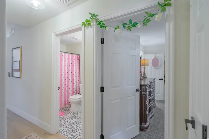 Hardwood-style flooring extends through the hallway
