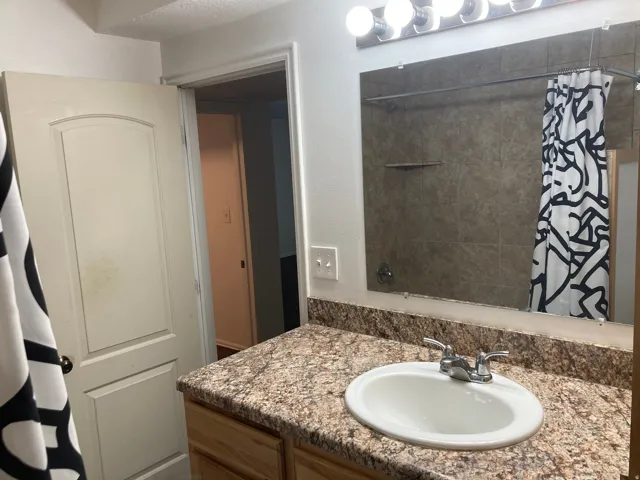 Vanity with a granite-style countertop and an integrated sink