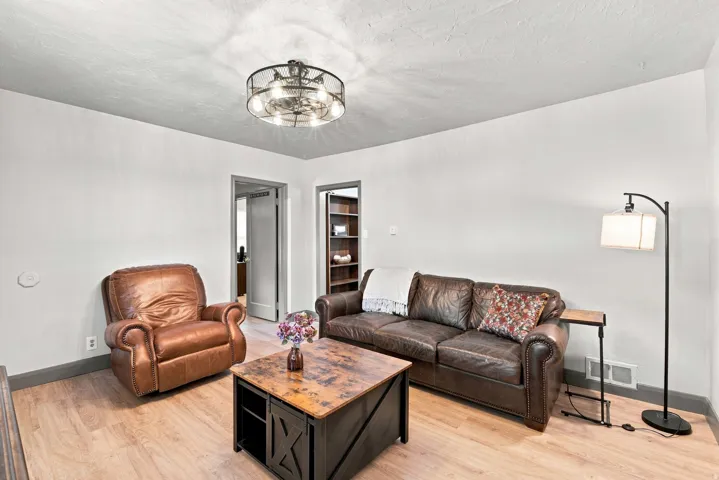 Light wood-finish flooring, built-in shelving, painted trim, and a ceiling-mounted lighting fixture
