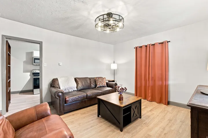 Recessed doorway entrance, light wood-finish flooring, and a ceiling-mounted light fixture