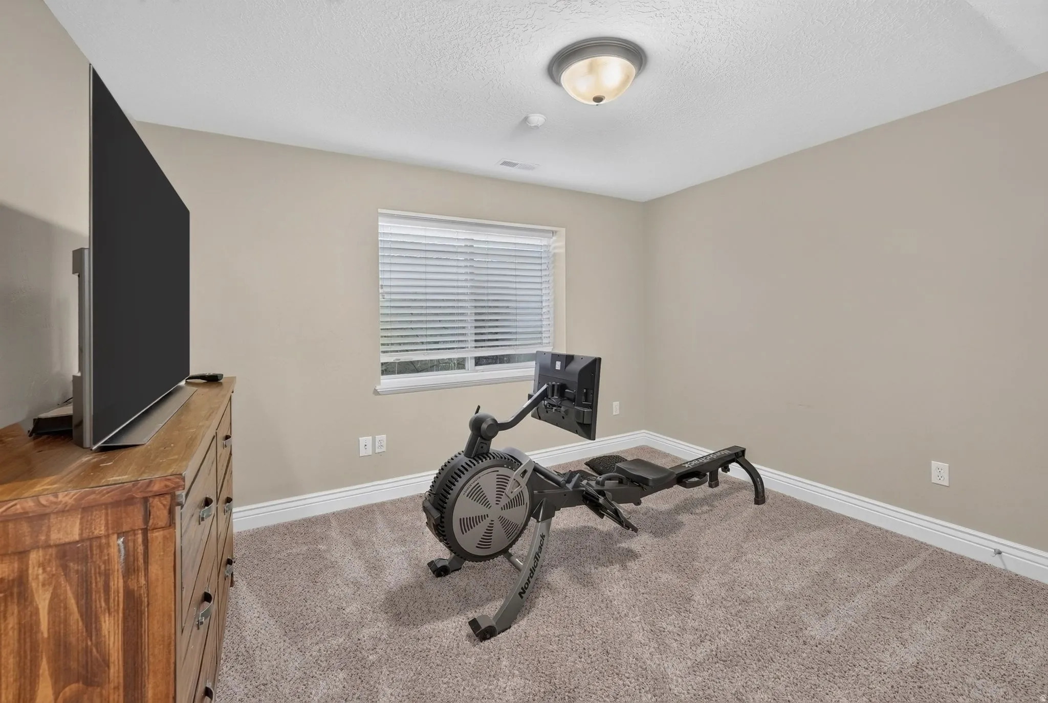 Carpeted room with a single window, overhead flush-mount lighting, and neutral wall tones