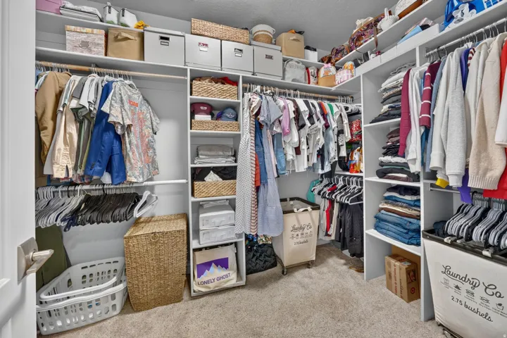Built-in shelving, multiple hanging rods, corner shelving, and carpet flooring