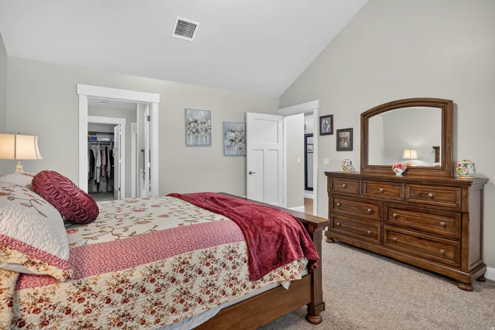 Vaulted ceiling with an open doorway, carpeted flooring, and a spacious walk-in closet