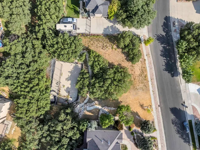 Expansive lot with mature trees, paved street frontage, and established hardscaping