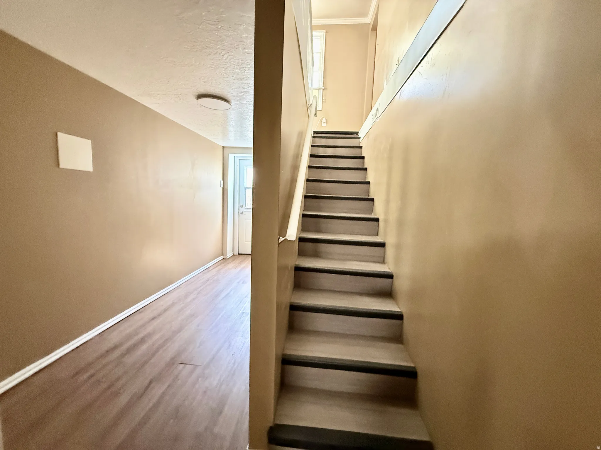 Wood-finish flooring, staircase with dark treads, white trim, and flush-mount ceiling light