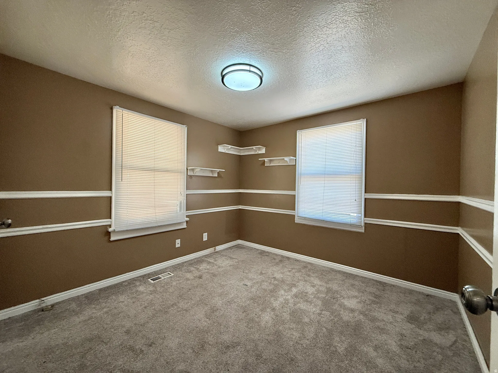 Carpeted room featuring two windows with blinds, decorative wall trim, and a flush-mount ceiling light fixture