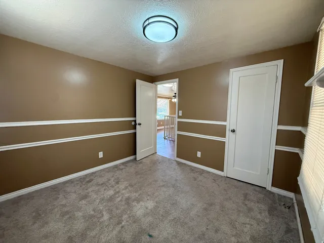 Textured carpet flooring, walls featuring wainscoting and crown molding, and a flush mount ceiling light fixture