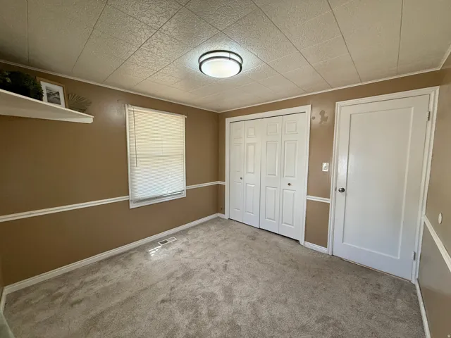 Carpeted flooring, window with blinds, bi-fold closet doors, and wall-mounted shelving