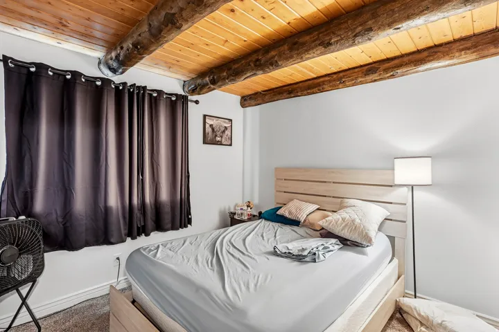Wood-plank ceiling with exposed wood beams