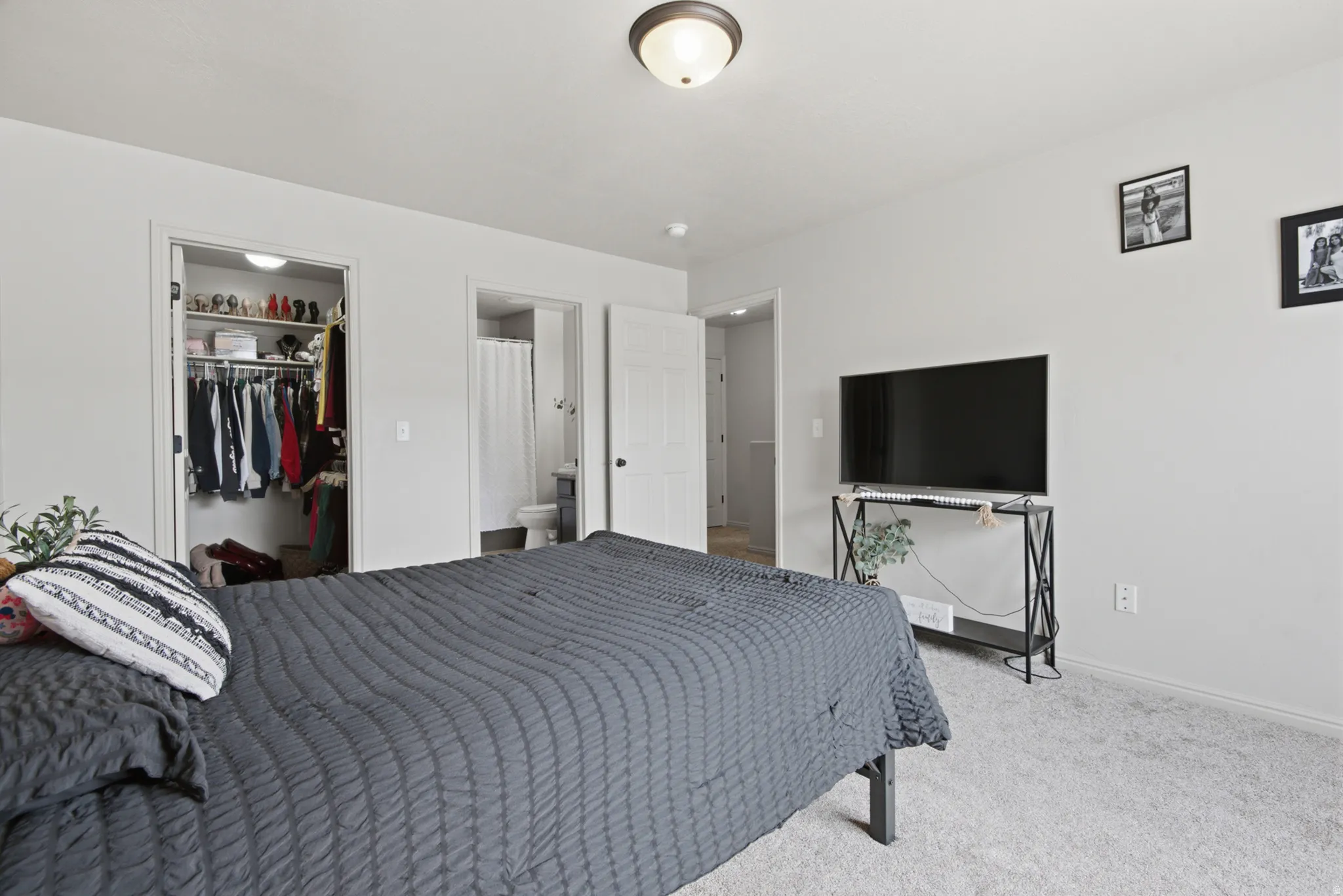 Carpeted flooring, recessed lighting, and a built-in closet with overhead illumination