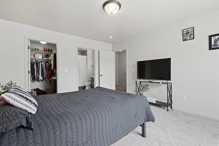 Carpeted flooring, recessed lighting, and a built-in closet with overhead illumination