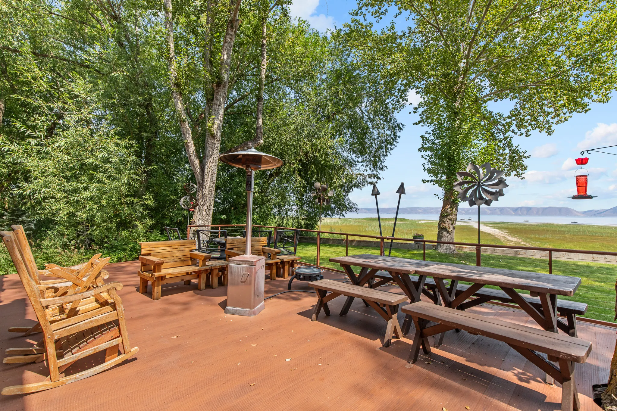 Expansive outdoor deck with a warm brown finish