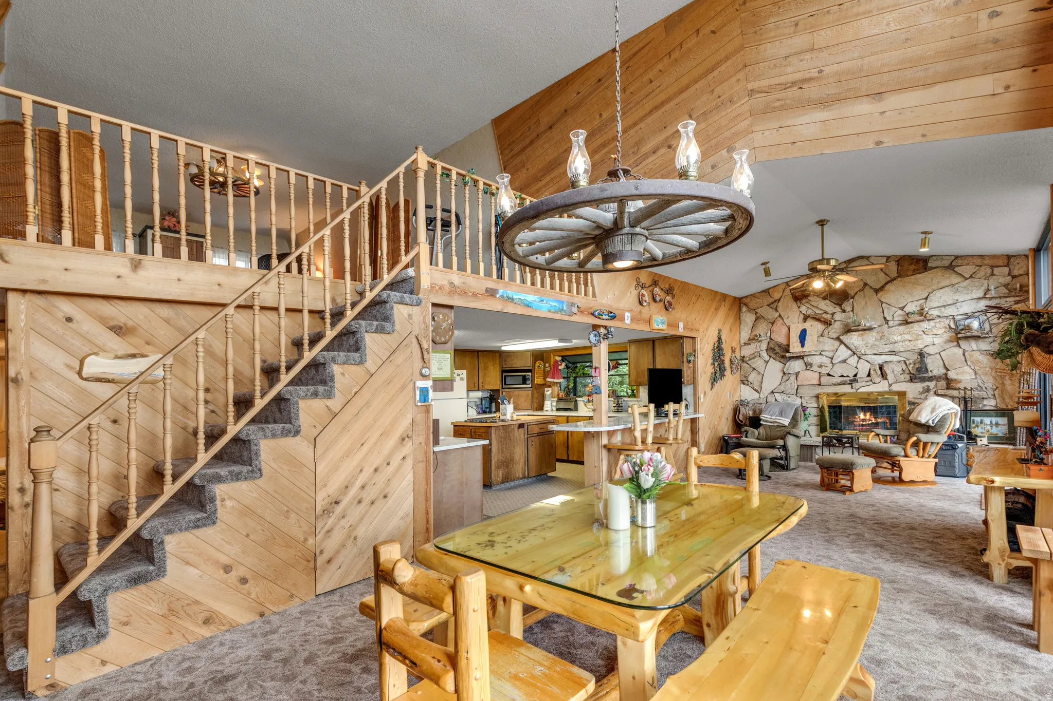 Vaulted ceilings with exposed wood-finish paneling