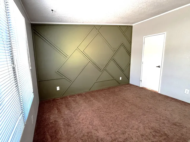 Accent wall with geometric trim detailing, soft brown carpeting, and window with horizontal blinds