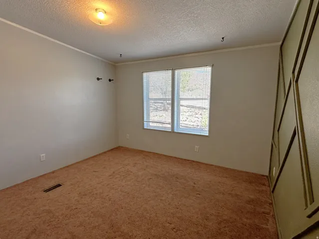 Primary bedroom.Wall-to-wall carpeting, dual windows with blinds, architectural wall paneling, and a flush mount ceiling fixture