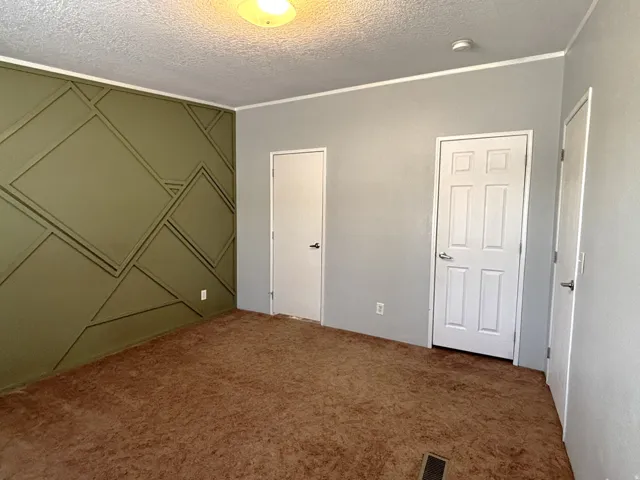 Primary bedroom with doors to walk in closet, ensuite bath. Accent wall with geometric trim, two interior doors with white paneling, and brown carpet flooring