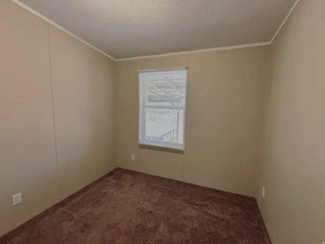 Second bedroom  Carpeted flooring, neutral wall paneling, window with blinds, and ceiling trim