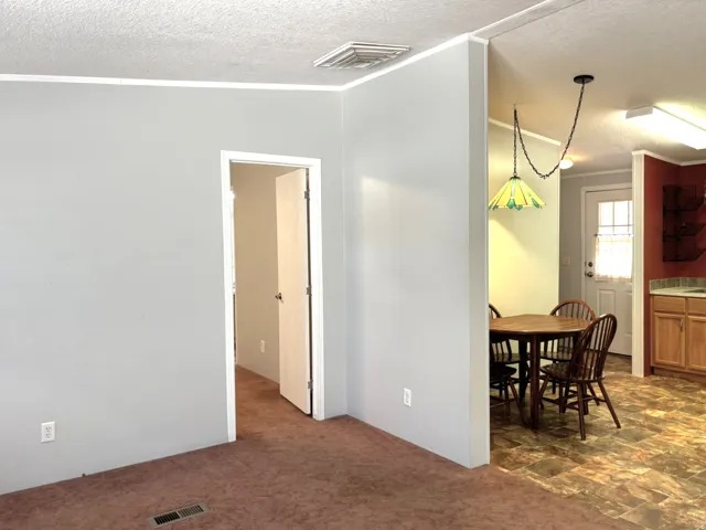 Carpeted flooring, painted walls, interior door, patterned ceiling, and a hanging pendant light fixture