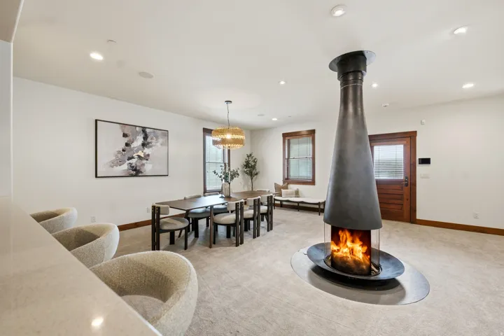 Central freestanding fireplace, recessed ceiling lighting, wood-trimmed windows, wood door with integrated blinds, and plush carpet flooring