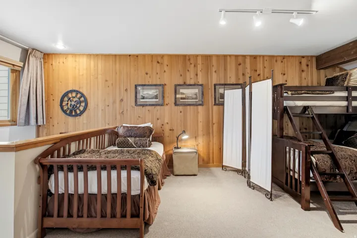 Natural wood paneling, carpeted flooring, track lighting, and a built-in wood beam detail