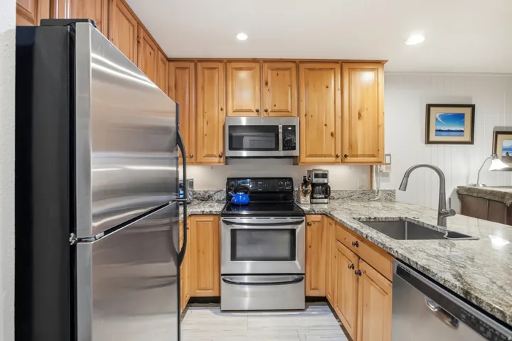 Kitchen featuring wood cabinetry, stainless steel appliances, granite countertops, and a single basin sink with a gooseneck faucet