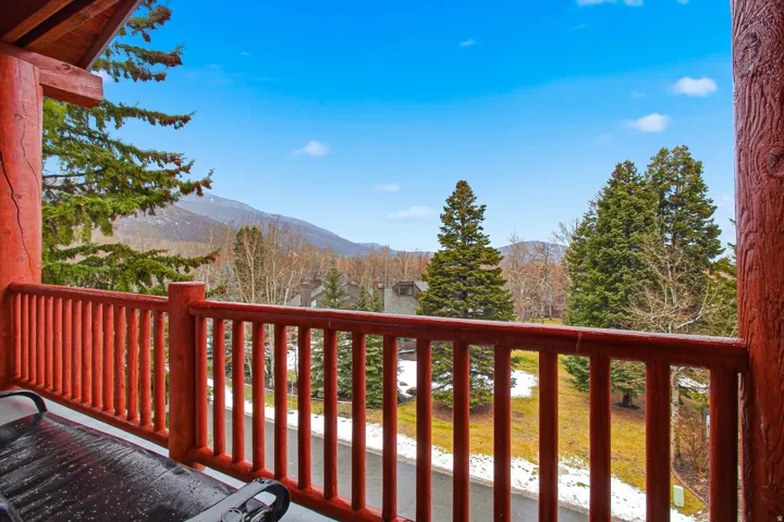 Balcony featuring log construction and a red-stained wooden railing