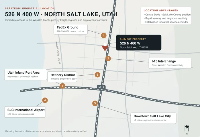Marketing Illustration. Displaying the geographic context of the property at 526 N 400 W, North Salt Lake, Utah, with highlighted regional infrastructure and industrial zones