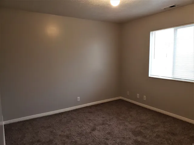 Neutral wall paint with textured carpet flooring