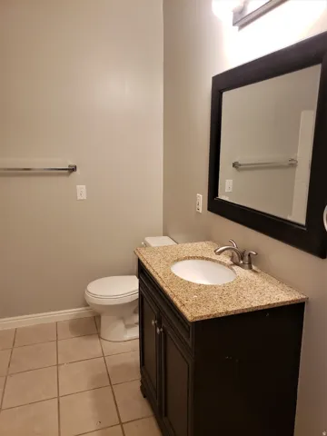 Bathroom featuring a dark wood-finish vanity with a stone countertop, an integrated sink, and a framed mirror