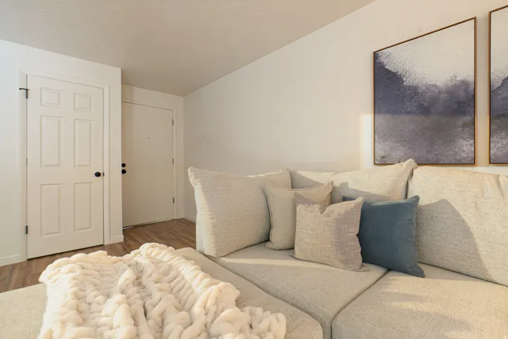 Wood-finish flooring with white trim and a paneled interior door