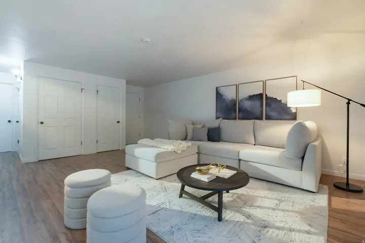 Wood-finish flooring throughout, bright white walls, and multiple panel doors