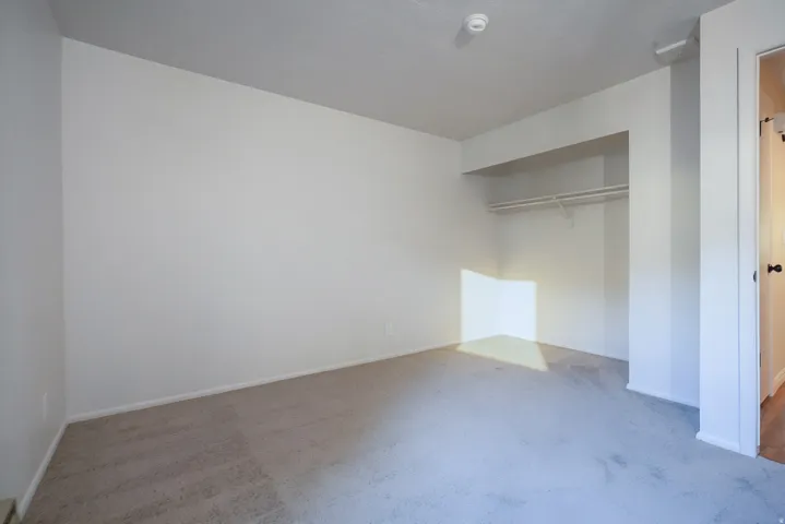 Neutral wall paint, plush carpeting, built-in closet with shelving and hanging rod, white trim