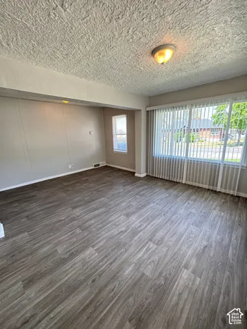 Wood-finish flooring throughout, smooth painted walls, and textured ceiling
