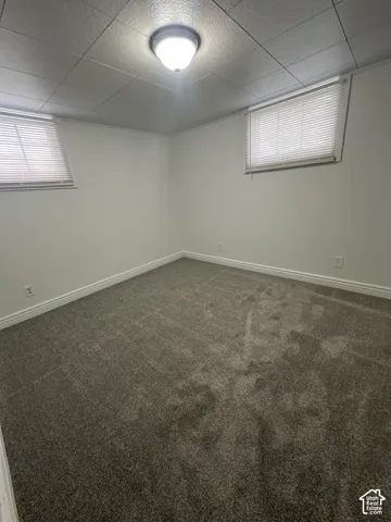 Smooth white walls, grey textured carpeting, white window blinds, white trim, and a flush mount ceiling light