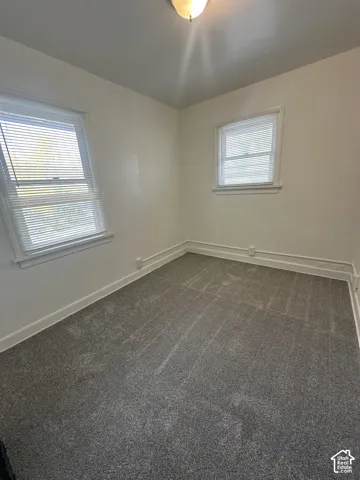 Neutral wall color, two windows with blinds, ceiling-mounted light fixture, and gray textured carpeting