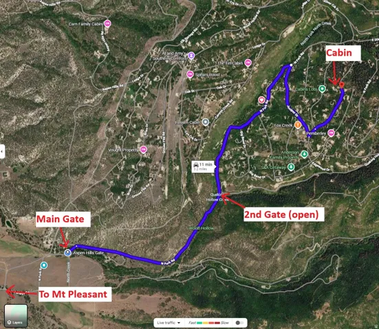 Map. Illustrating a route with identified gates and a destination point