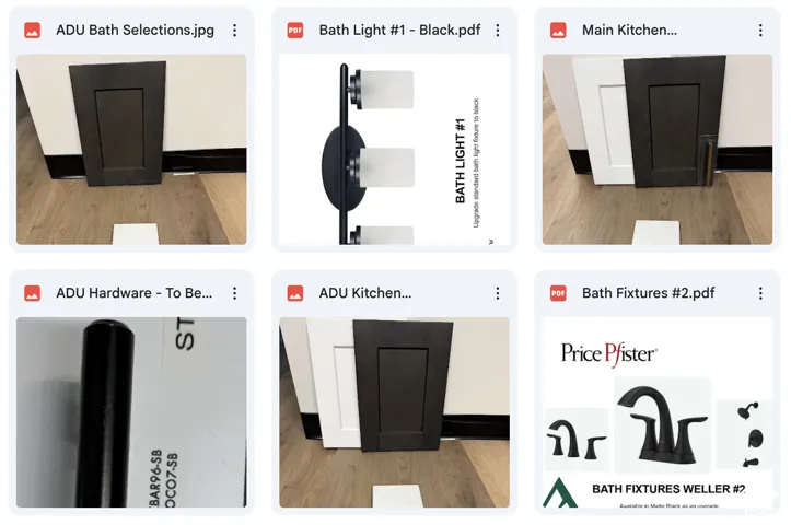Image gallery. Displaying various selection documents and product images for property fixtures and finishes