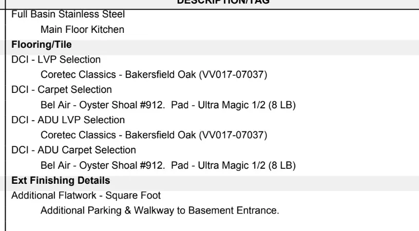 Property Specifications. Detailing flooring, tile, and exterior finishing details for the property
