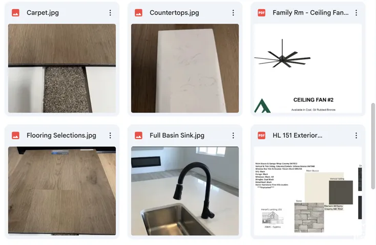 Collection of property finish selections. Displaying options for flooring, countertops, and exterior elements for the property