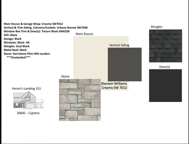 Architectural Specification Document. Detailing exterior material and color selections for the property