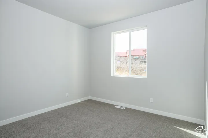 Neutral gray wall paint, white trim, and gray textured carpeting with a single window