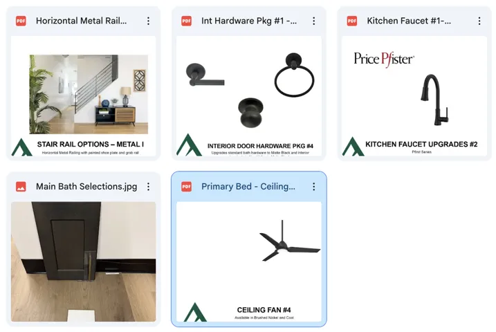 Collection of product specification documents. Detailing potential selections for interior fixtures and finishes within the property