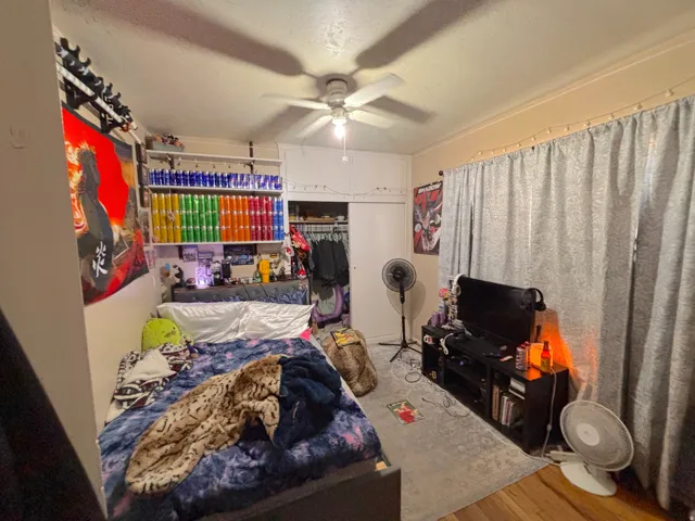 Hardwood-style flooring with a ceiling fan light fixture