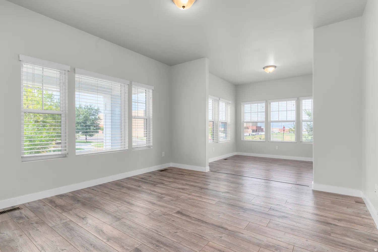 Wood-finish flooring throughout, multiple large windows with horizontal blinds, neutral wall paint, and ceiling-mounted light fixtures