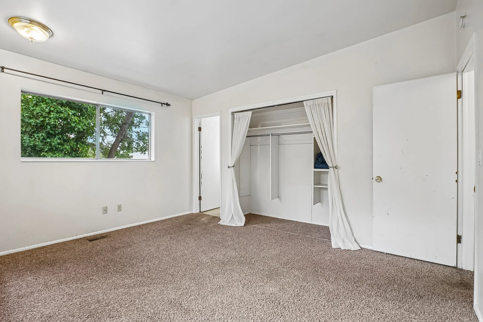 Window with outdoor tree scenery, flush-mount ceiling light fixture, carpeted flooring, built-in closet shelving, and a solid interior door