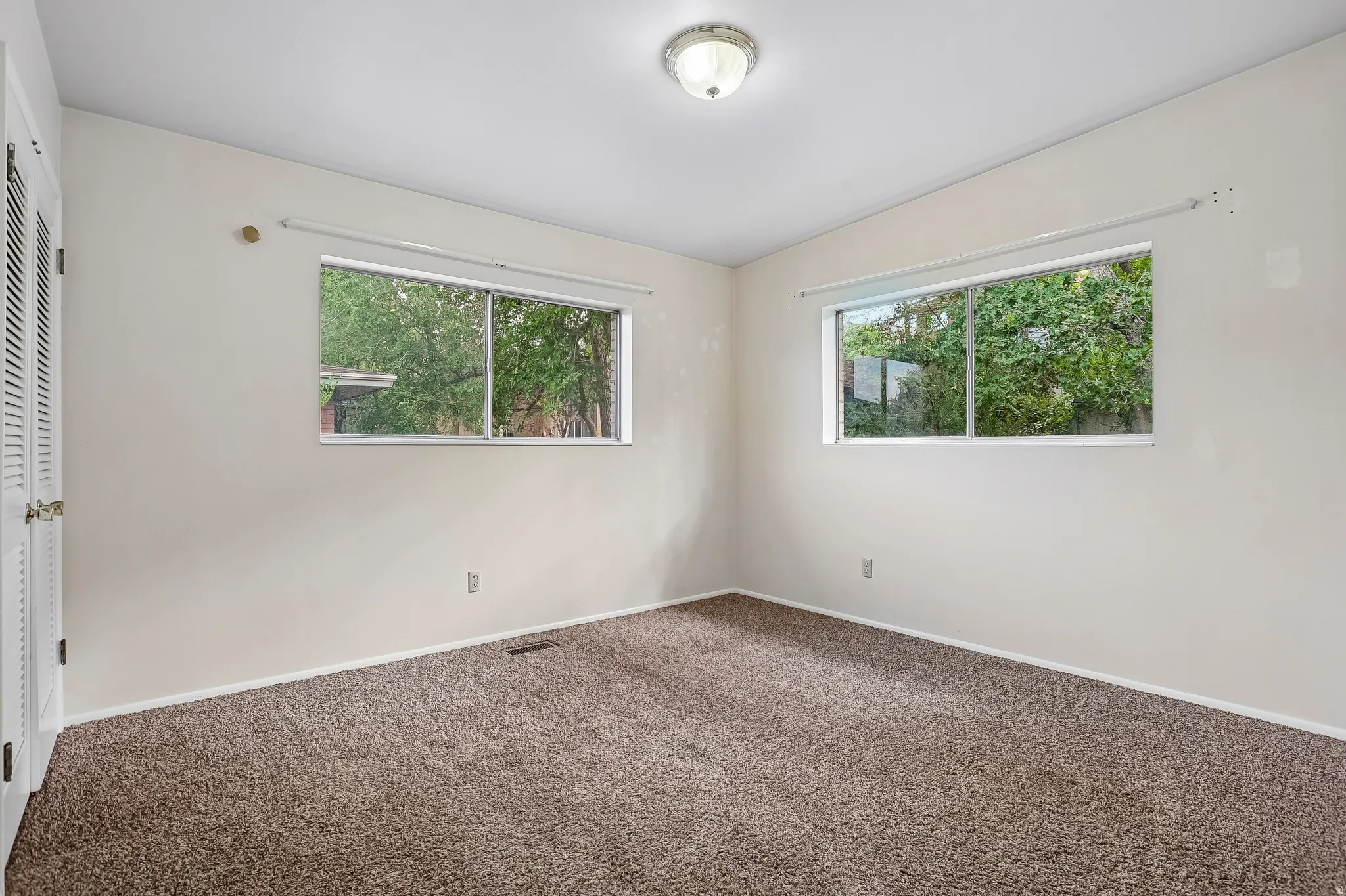 Neutral wall paint, plush carpet flooring, dual windows, and ceiling-mounted light fixture