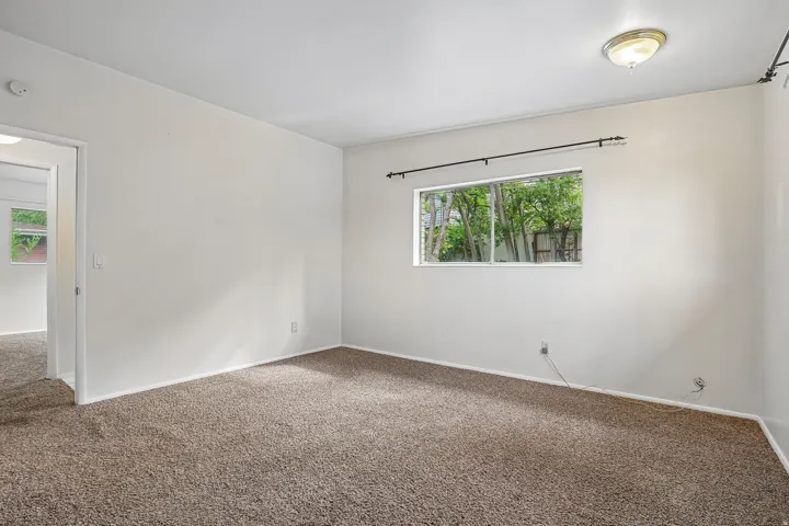 Wall-to-wall carpeting and a single window with a black curtain rod
